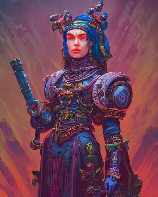 Prompt: a stunning portrait of Grimes as an ancient tech priestess from warhammer 40k, digital art by Dan Mumford and Beeple, highly detailed, trending on artstationhq