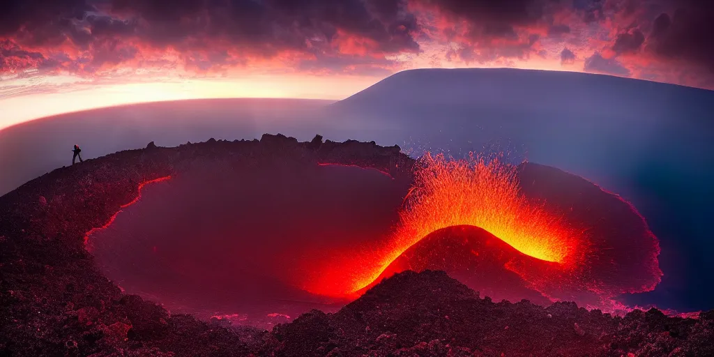 Image similar to amazing landscape photo of a scuba diver!!! standing on the volcano crater at sunrise by Charlie Waite and Marc Adamus beautiful dramatic lighting, surrealism