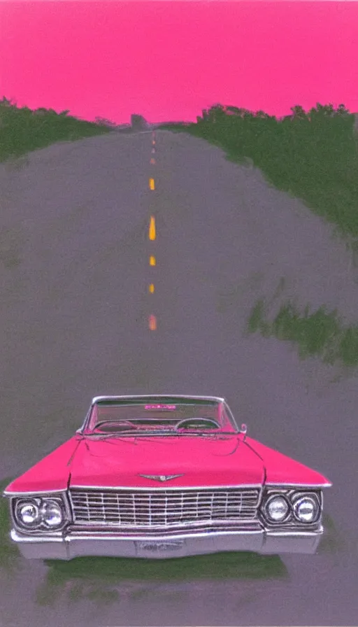 Image similar to polaroid of a 1 9 6 3 red cadillac convertible in the distance driving down empty highway into a pink sunrise, oil pastel, high detail, realistic, vintage