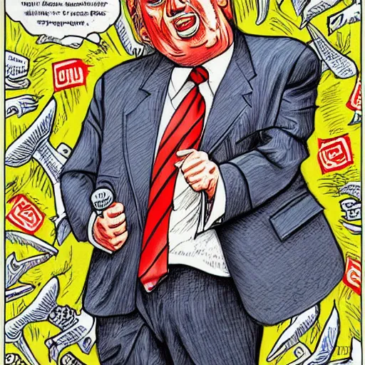 Image similar to !dream The Artwork of R. Crumb and his Cheap Suit Donald Trump and Jared Kushner, pencil and colored marker artwork, trailer-trash lifestyle