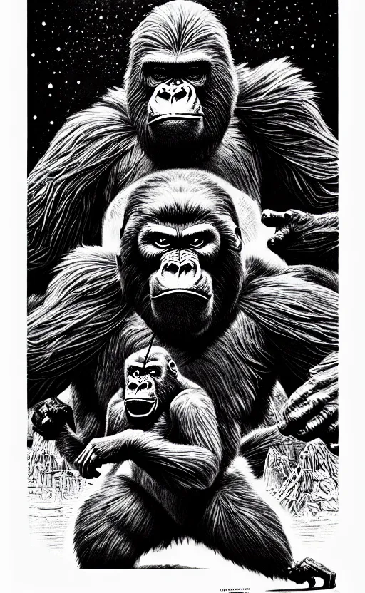 Prompt: king kong, extremely detailed, bold line art, by vincent di fate and joe fenton, inking, etching, screen print, masterpiece, trending on artstation, sharp, high contrast, hyper realistic, hd, 4 k, 8 k