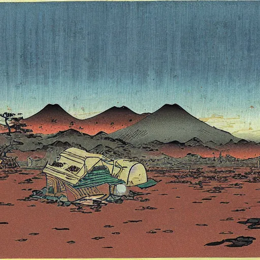 Image similar to hiroshige style, environment, post apocalypse, landscape, wasteland, desert