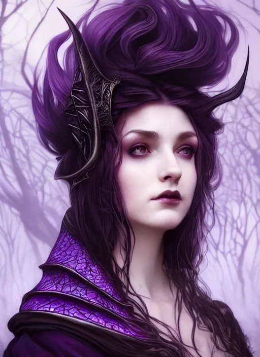 Image similar to side portrait beautiful young female model, witchy outfit large cloak, fantasy forest landscape, dragon scales, fantasy magic, undercut hairstyle, short purple black fade hair, dark light night, intricate, elegant, sharp focus, illustration, highly detailed, digital painting, concept art, matte, art by wlop and artgerm and greg rutkowski and alphonse mucha, masterpiece