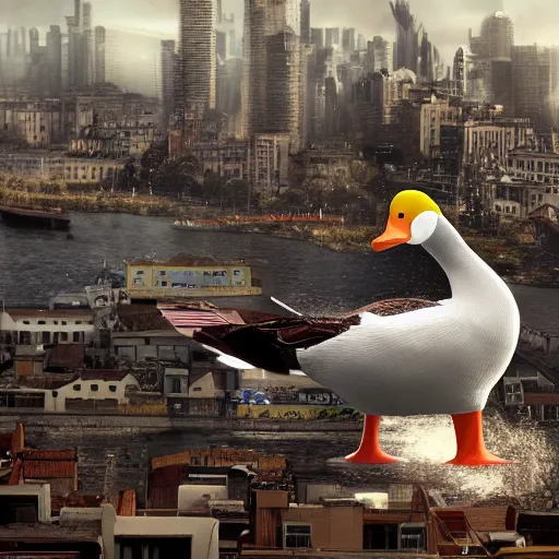 Image similar to An ultra realistic photo of a giant duck destroying a city, award winning, 8k, ultra detailed