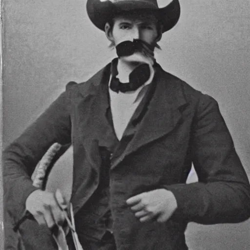 Prompt: A photograph portrait of Jerma985 as a cowboy with a pyramidal mustache in the late 1800s, taken in the late 1800s, 1870s, grainy, taken on a Field View Camera, realistic, hyperrealistic, very realistic, highly detailed, very detailed, extremely detailed, detailed, digital art, trending on artstation