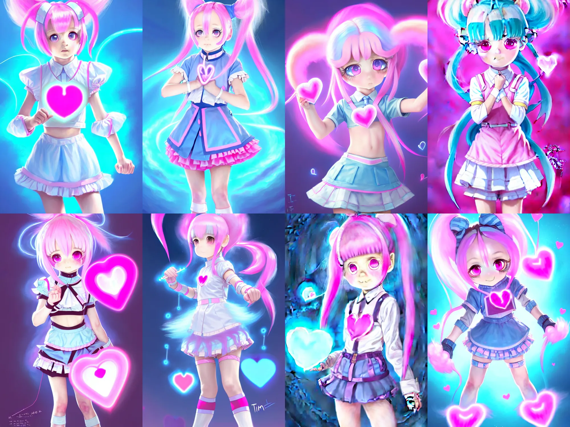 Prompt: Time traveler, small loli girl, with pointy ears, with cotton candy-like hair and low twintail heart shaped drills, with pink light blue eyes, wearing a time traveler outfit color matching, in a fighting stance, digital painting, artstation, concept art, soft light, hdri, smooth, sharp focus, illustration, art by tian zi and craig mullins and WLOP and alphonse mucha, visual novel sprite