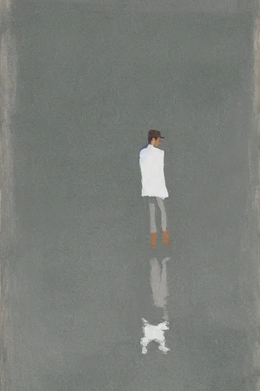 Image similar to man standing by a river, 1960’s minimalist advertising illustration, painterly, expressive brush strokes