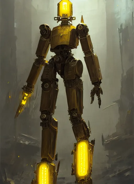 Prompt: human-sized strong intricate yellow pit droid carrying very detailed great sword and beautiful large paladin shield and longsword, pancake short large head, exposed metal bones, painterly humanoid mecha, by Greg Rutkowski