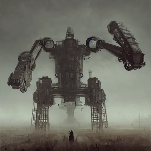 Image similar to gigantic industrial farmer mecha, dense fog, steampunk, jakub rozalski