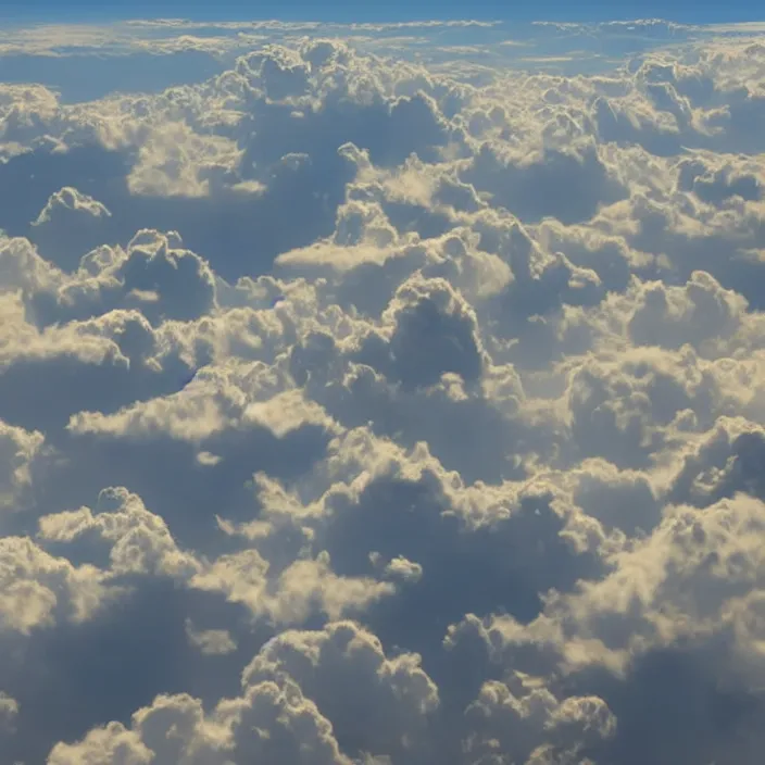 Image similar to Endless pale yellow clouds towering, seen from above, very detailed, 8k resolution