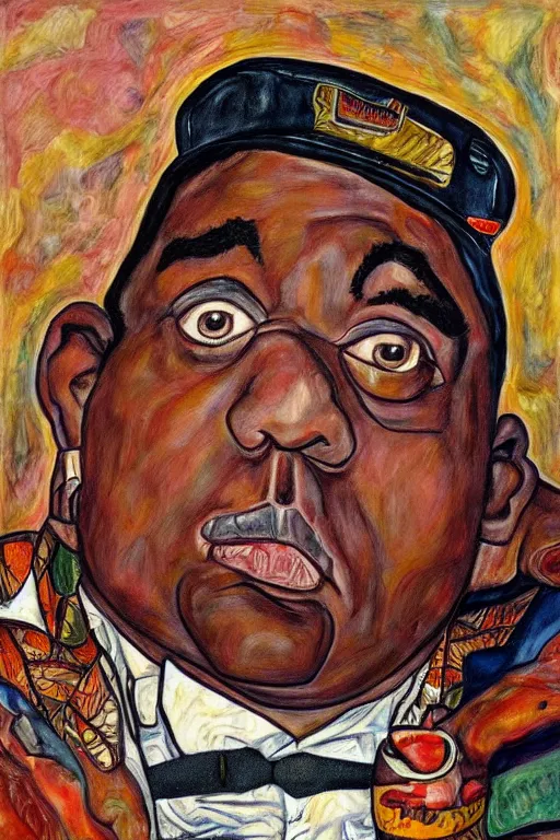 Image similar to a caricature portrait of biggie small in style of egon schiele, masterpiece, hyperdetailed, complex, intricate, 4 k, trending on artstation