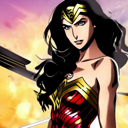 Image similar to Gal Gadot as Wonder Woman, Anime style, dramatic action shot