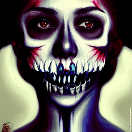 Prompt: gorgeous female Stella Maeve vampire sharp teeth open mouth skull face paint in a Mexican dress, realistic character concept, medium shot, elegant pose, horror, illustration, slender symmetrical face and body, symmetrical eyes, cinematic lighting, hyperdetailed, high resolution, Tom Bagshaw, Rafael Albuquerque, single face, insanely detailed and intricate, beautiful, elegant, dark blue background, vfx, postprocessing