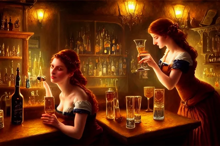 Image similar to a beautiful barmaid, dimly lit cozy crowded tavern, relaxed pose, fantasy, intricate, elegant, dramatic lighting, emotionally evoking symbolic metaphor, highly detailed, lifelike, photorealistic, digital painting, artstation, concept art, smooth, sharp focus, illustration, art by John Collier and Albert Aublet and Krenz Cushart and Artem Demura and Alphonse Mucha, masterpiece