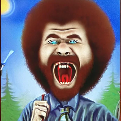 Image similar to bob ross screaming in mouth of bob ross screaming on a bad acid trip