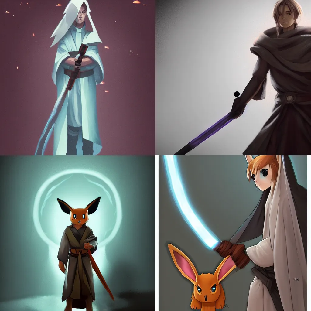 Prompt: Epic award-winning art of Eevee as a Jedi Knight wearing a long robe, dark atmospheric lighting, trending on artstation