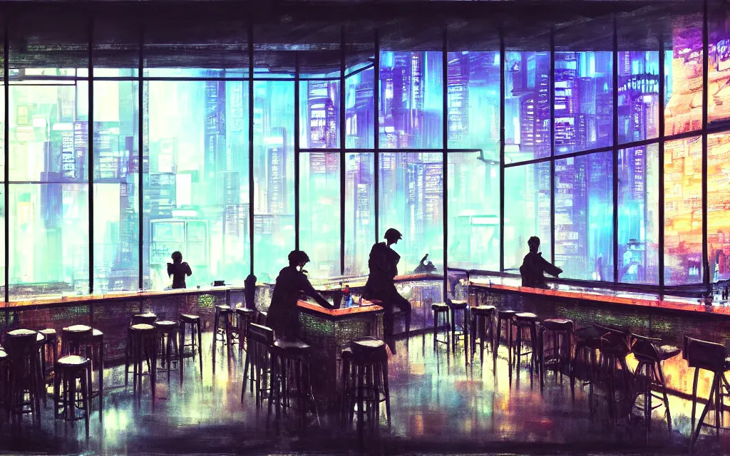 Prompt: cyberpunk loft lounge with tall windows, few people, city in background, bar counter with bartender and chairs, drawn by feng zhu, sparse plants, dim painterly lighting volumetric aquatics, impasto