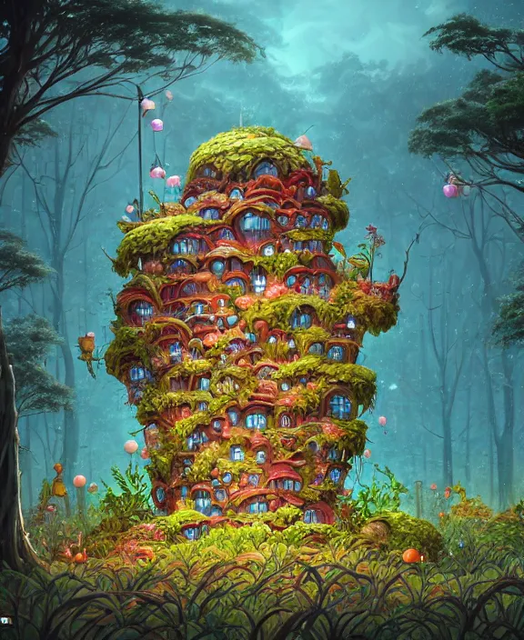 Prompt: a whimsical building made from food, overgrown with huge exotic fungus, deep in the woods, cheerful, stormy, by dan mumford, yusuke murata, makoto shinkai, ross tran, dreamy, cinematic, unreal engine, cel shaded, featured on artstation, pixiv