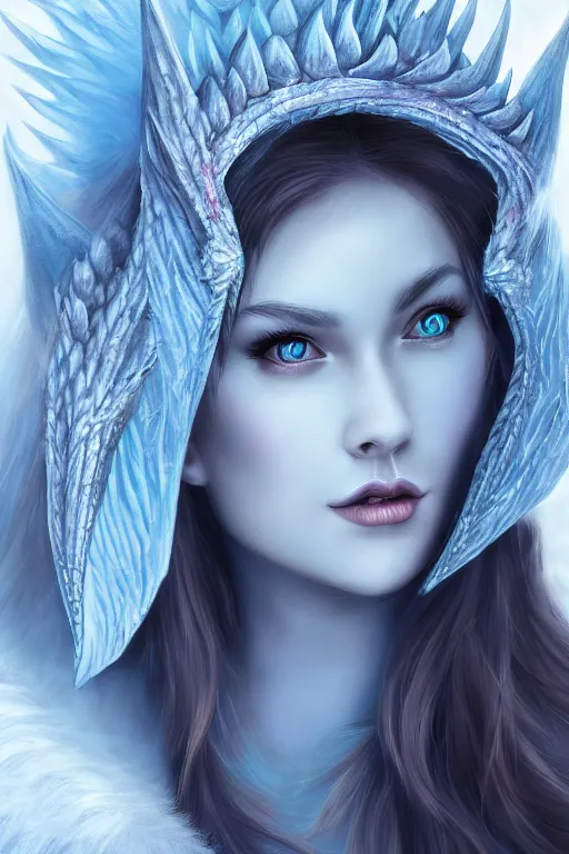 Prompt: Ice Dragon princess, digital art, 8k ,character ,realistic, portrait, hyperrealistic