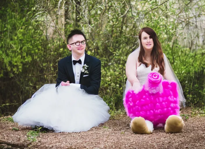 Prompt: care bear themed wedding, professional photography, nerd marriage