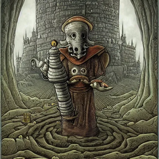 Prompt: squidward as a dark souls boss by Jacek Yerka