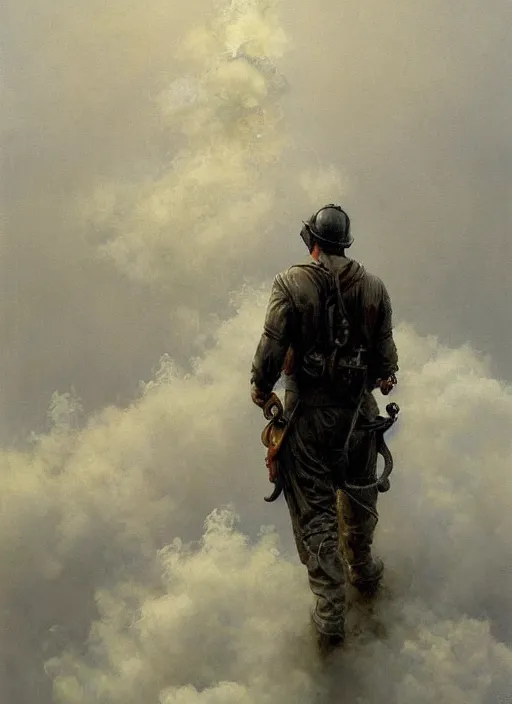 Image similar to A telemarketer walking out of of misty steam clouds, intricate, elegant, highly detailed, donato giancola, Joseph Christian Leyendecker, WLOP, Boris Vallejo, Artgerm