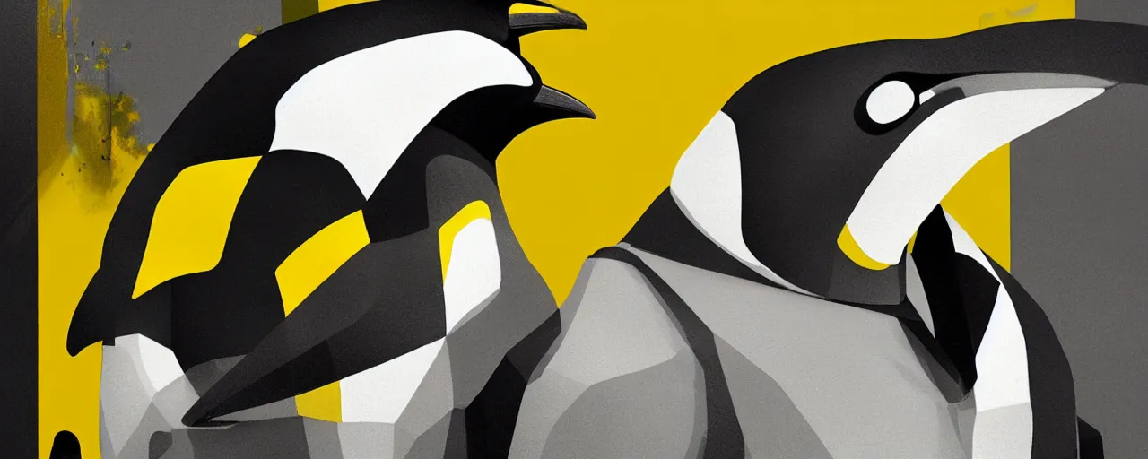 Image similar to duotone yelow black white concept illustration of 3 / 4 portrait of penguin with penguin beak as atomic age cyborg. cinematic volumetric lighting. golden ratio accidental renaissance. by sachin teng and sergey kolesov and ruan jia and heng z. graffiti art, scifi, fantasy, hyper detailed. octane render. concept art. trending on artstation