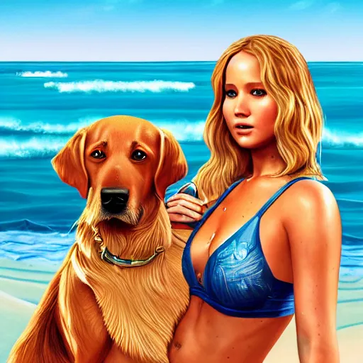 Image similar to highly detailed painting of jennifer lawrence wearing a bikini and her golden retriever dog, gta 5 cover art style, 8 k, radiant light, detailed and intricate environment, trending on artstation