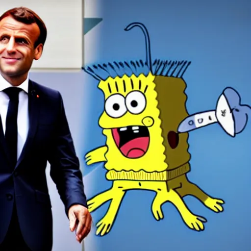 Prompt: French President Emmanuel Macron and Spongebob hanging out together, chilling