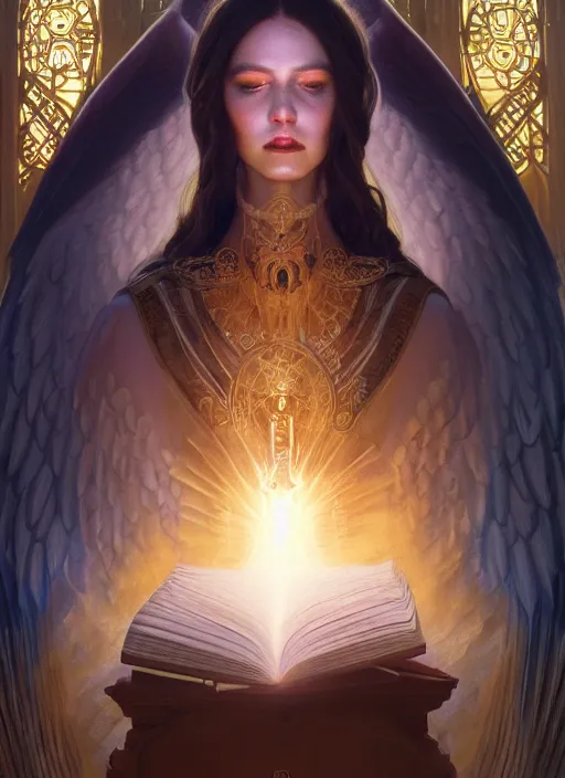 Prompt: angel harbinger of light reading from the book of life and death, intricate, d & d, wide shot, powerful, fantasy, art nouveau, digital painting, trending on artstation, sharp focus, wide shot, illustration, holy, divine, angelic, global illumination, ray tracing, art by artgerm and greg rutkowski and ruan jia