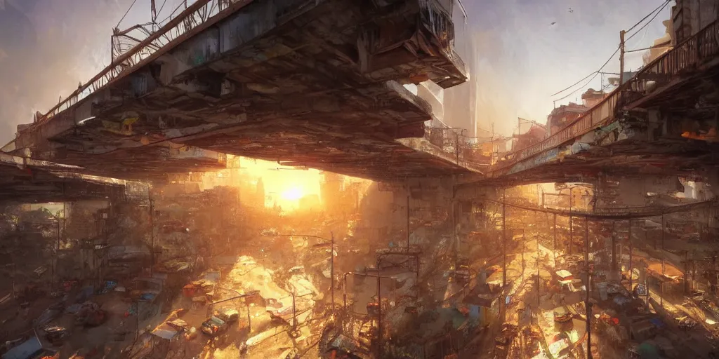 Prompt: African favelas under a huge highway overpass, Craig Mullins style, rich colours, wide angle lens, sunset, heavy atmospheric, Artstation trending,