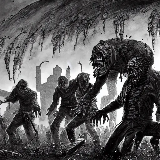 Image similar to zombies attack the medieval city in the style of kentaro miura, 4 k, 8 k, absolute detail of even the smallest details and particles, beautiful shadows, beautiful art, black and white drawing