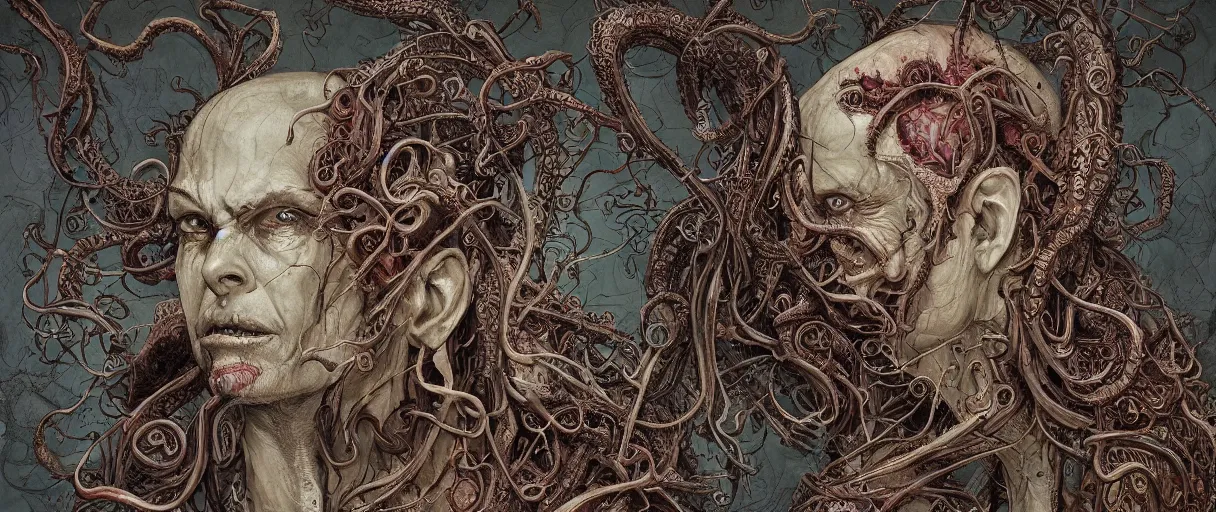 Prompt: centered horrifying detailed side view profile portrait of a insane, crazed, mad old bald zombie, ornate tentacles growing around, ornamentation, thorns, vines, tentacles, elegant, beautifully soft lit, full frame, by wayne barlowe, peter mohrbacher, kelly mckernan, h r giger