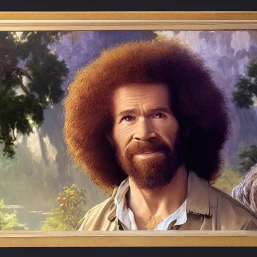 Prompt: an ultra detailed matte painting bob ross being friends with alligator loki, fantasy concept art by alphonse mucha and greg rutkowski, octane render, 8 k, detailed face