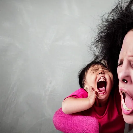 Prompt: A mother screaming to her baby