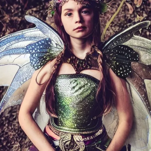 Prompt: photo of a beautiful fairy warrior with sparkly armour