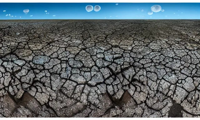 Image similar to beautiful panorama of many magnificent big upside-down raindrops in a perfect cloudless blue sky above a dried up river, desolate land, dead trees, blue sky, hot and sunny highly-detailed, elegant, dramatic lighting, artstation, 4k, cinematic landscape, masterpiece photograph by Elisabeth Gadd, National Geographic