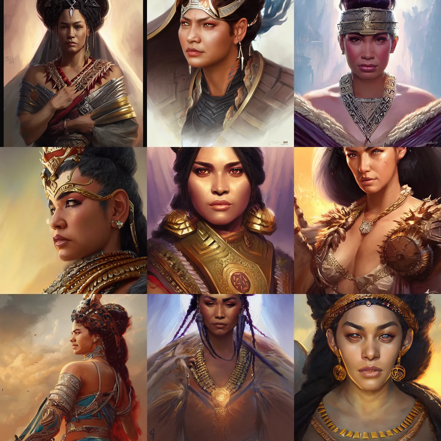 Prompt: samoan empress, d & d, fantasy, portrait, highly detailed, digital painting, trending on artstation, concept art, sharp focus, illustration, art by artgerm and greg rutkowski and magali villeneuve