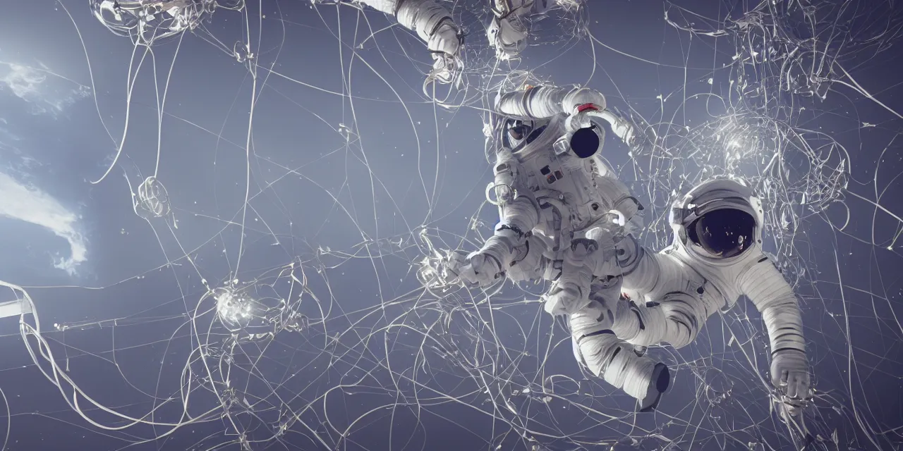 Prompt: astronaut entangled by a lot of cables connected to a supercomputer designed by Dieter Rams, cinematic lighting, haze, octane render, lens flare, 2001 a space odissey