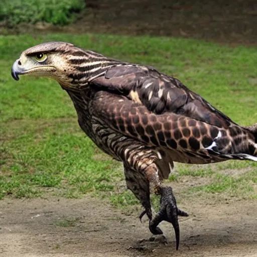 Image similar to hawk and crocodile morphed together, half crocodile, half hawk, real picture taken in zoo, realistic hawk proportions, head of crocodile is seamlessly merged with hawk