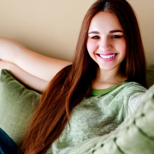 Image similar to a cute young woman smiling, long shiny bronze brown hair, full round face, green eyes, medium skin tone, light cute freckles, smiling softly, wearing casual clothing, relaxing on a modern couch, interior lighting, cozy living room background, medium shot, mid-shot, soft focus