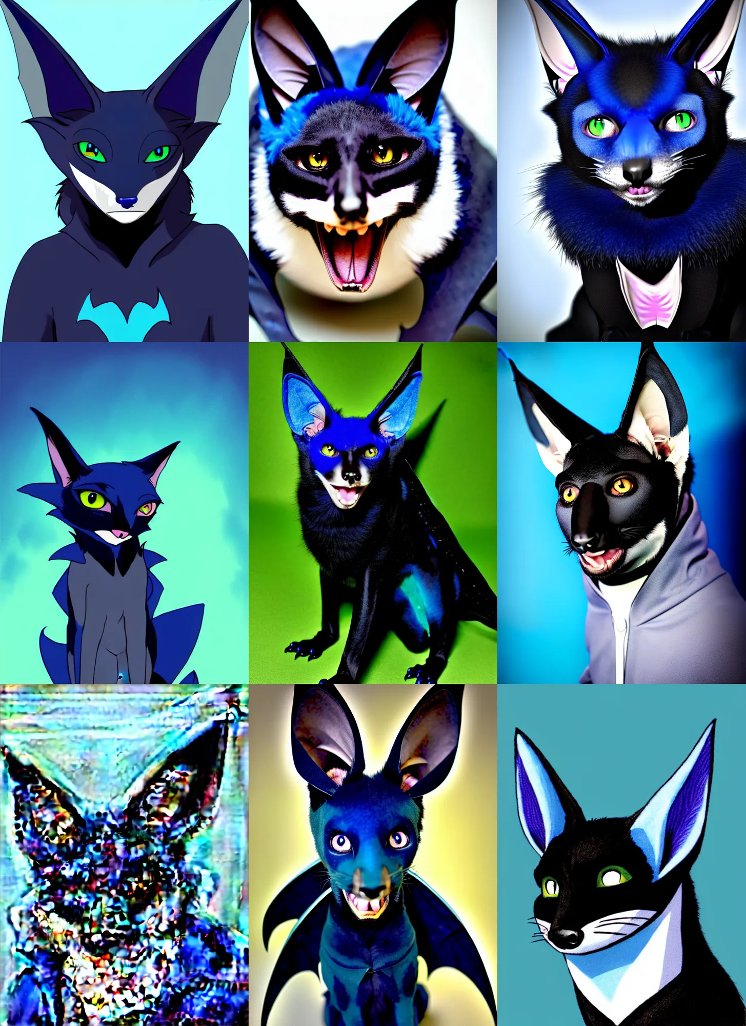 Prompt: a blue - and - black male catbat fursona ( from the furry fandom ) with blue / green heterochromatic eyes and huge bat ears, photo portrait