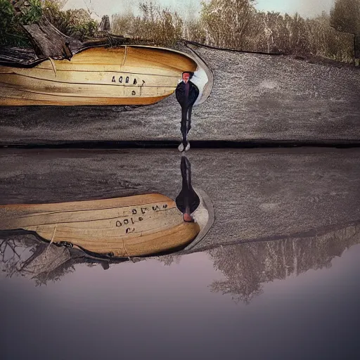 Image similar to realistic photo of a man standing in a small boat on endless broken mirrors by albert dros