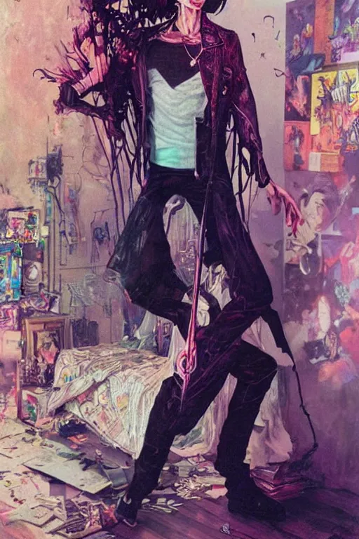 Image similar to a skinny goth guy standing in a cluttered 9 0 s bedroom, full body character concept art, vaporwave colors, karol bak art,