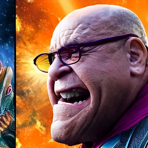 Prompt: a screenshot of Danny Devito playing Thanos in Avengers Endgame
