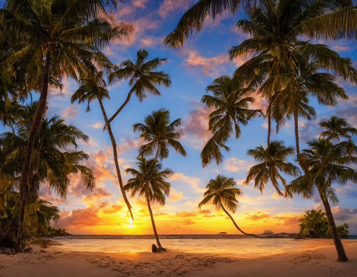 Prompt: photo of ultra realistic heart / shaped sandy beach island with exotic palm tree, sunset lighting