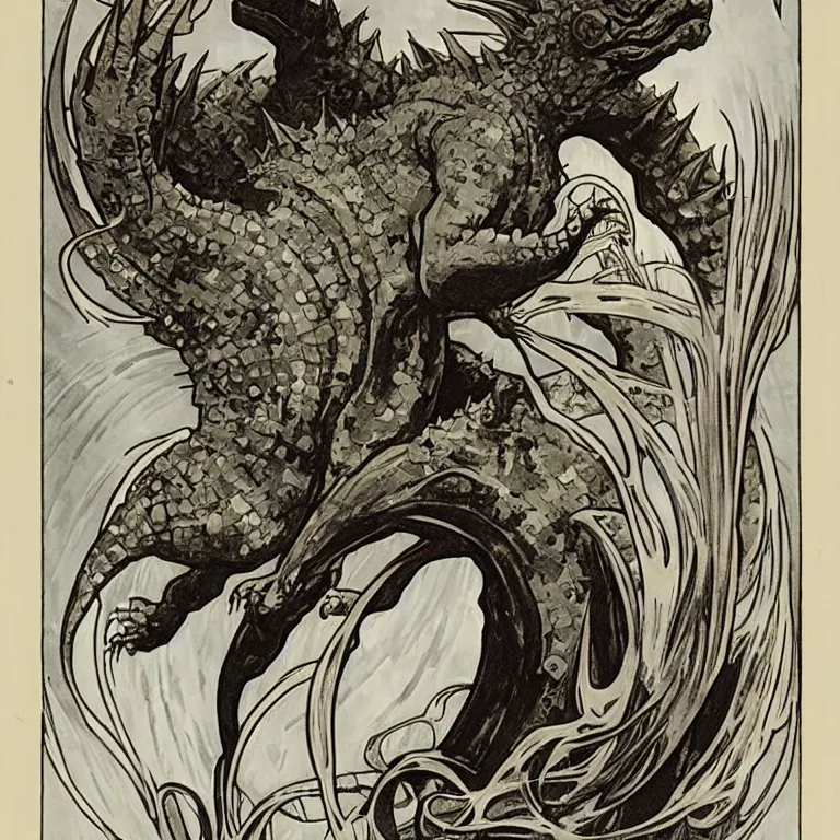 Image similar to Godzilla, Alphonse Mucha