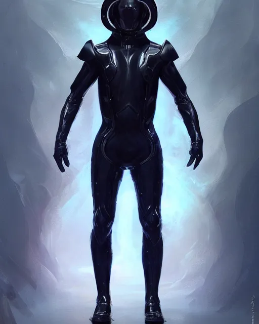 Image similar to character concept of iridescent sinewy smooth muscular male sleek glossy indigo black pearlescent flowing scifi armor with smooth black featureless helmet, by greg rutkowski, mark brookes, jim burns, tom bagshaw, magali villeneuve, trending on artstation