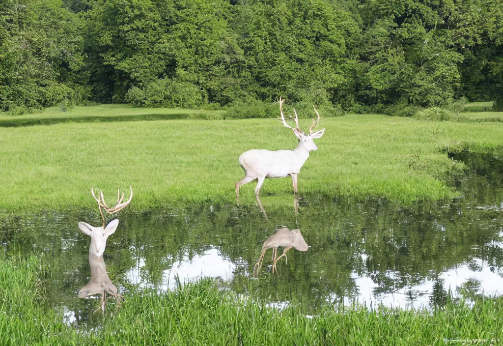 Prompt: white stag drinking from reflecting pool in a peaceful lush meadow