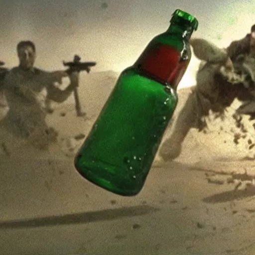 Image similar to film still of an action movie about a green bottle